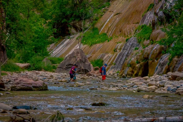 Zion, Utah, Verenigde Staten - 14 juni, 2018: Outdoor weergave van niet-geïdentificeerde mensen wandelen in zion smalle met virgin river in het zomerseizoen, in nationaal park Zion (Utah) — Stockfoto