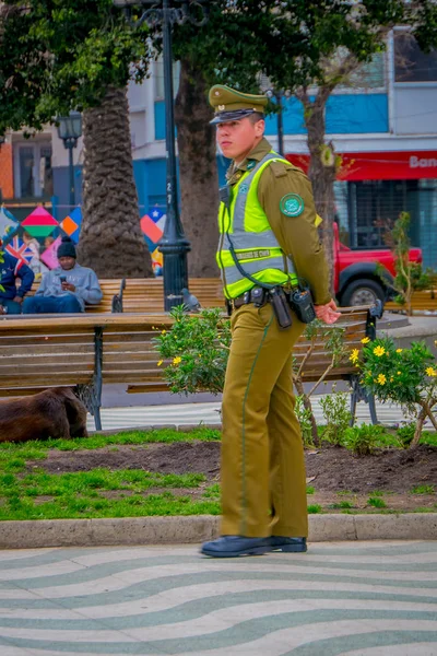 Valparaiso, Chile - 15 września 2018 r.: Odkryty widok policji stoi w parku zwykle nazywane carabineros w tej części Ameryki Łacińskiej w Valparaiso, Chile — Zdjęcie stockowe