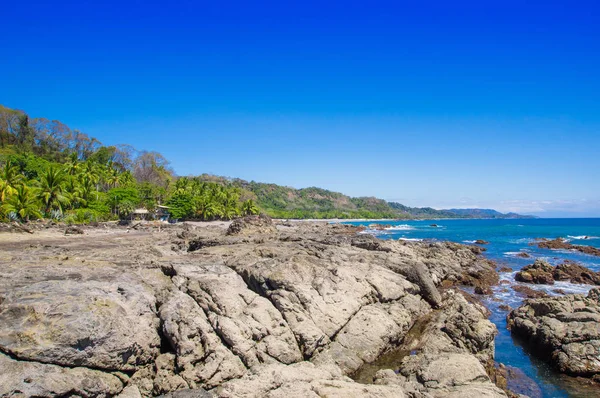 Bela paisagem de praia rochosa e árvores em Playa Montezuma no céu azul lindo e dia ensolarado — Fotografia de Stock