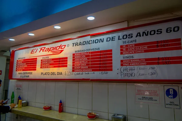 SANTIAGO, CHILE - SEPTEMBER 14, 2018: Inside view of restaurant with the menu in the wal with prices of the food that restaurant offer for people — Stock Photo, Image