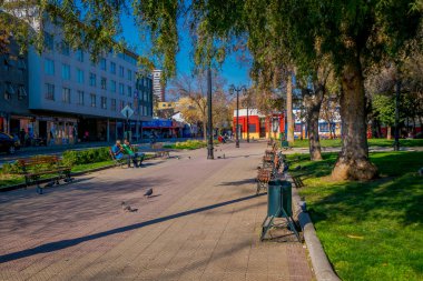 Santiago, Şili - 13 Eylül 2018: Santiago, Şili'nin başkenti Barrio Yungay bulunan Yungay Park'ta bir genel ahşap sandalye rahatlatıcı otururken kimliği belirsiz insanlar