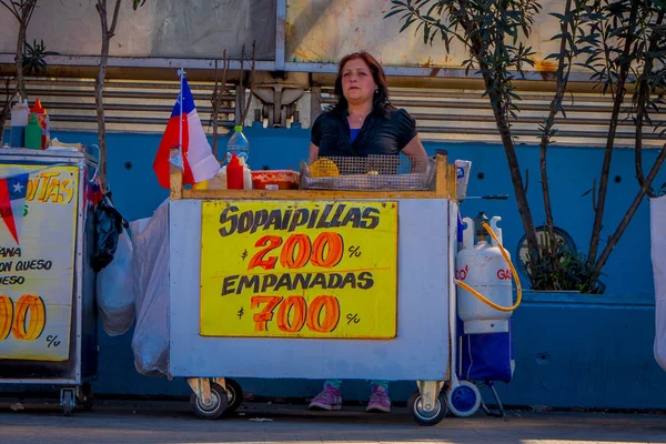 SANTIAGO, CILE - 13 SETTEMBRE 2018: Vista esterna di una donna non identificata vicino a un carrello metallico che vende cibo per strada nel centro della città nel barrio Yungay a Santiago, Cile — Foto Stock