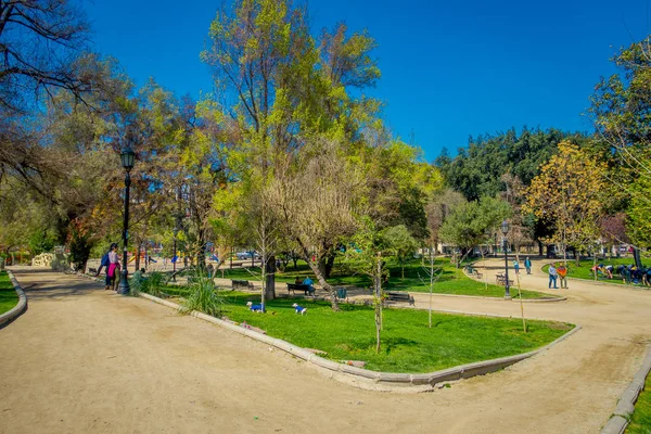 SANTIAGO, CHILE - SEPTEMBER 17, 2018: Outdoor view of unidentified people in a park surrounding of trees in the Forestal park in Santiago, capital of Chile — Stock Photo, Image