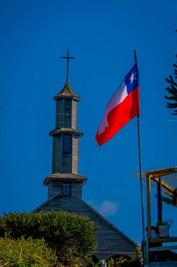 Chiloe, Şili - Eylül, 27, 2018: Kilise Vilupulli Vilupulli, Chonchi, Güney Şili Chilo yöredeki bir Katolik tapınaktır