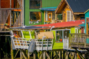 Güzel coorful evler stilts üzerinde palafitos Castro, Chiloe Adası