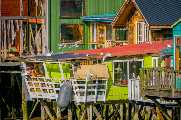 Hermosas casas coorful sobre pilotes palafitos en Castro, Isla de Chiloé — Foto de Stock
