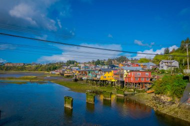 Evler stilts palafitos Castro, Chiloe Adası, Patagonya '