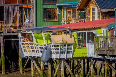 Güzel coorful evler stilts üzerinde palafitos Castro, Chiloe Adası