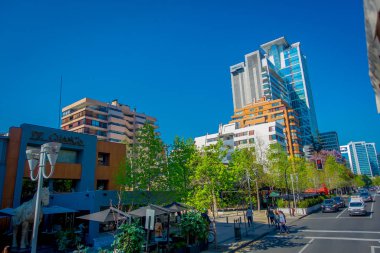 Santiago, Şili - 16 Ekim 2018: Açık görünümü ile bazı bitkiler kaldırıma muhteşem Finans Merkezi binalar bölgesinin Las Condes içinde