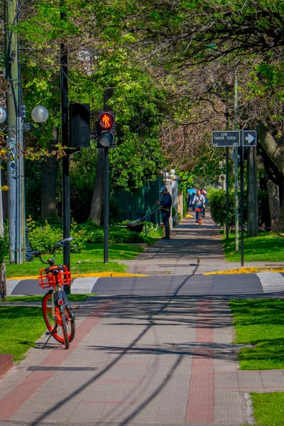 智利圣地亚哥-2018年9月13日: 红色自行车停在位于智利圣地亚哥市的公园内的人行道一侧, 在阳光明媚的日子里 — 图库照片