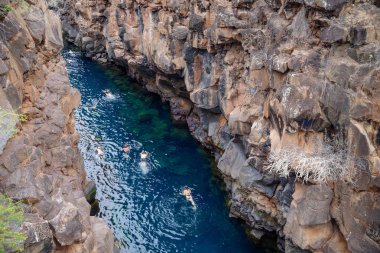 Puerto Ayora, Galapagos, Ekvator - 25 Kasım 2018: Santa Cruz Adası Galapagos'Las Grietas yüzme insanların görünümünü yukarıda. Popüler turistik yer