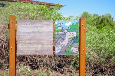 Galapagos, Ekvador - Kasım, 11 2018: kaplumbağa Galapagos Adası yolu ahşap bir yapı içinde bilgilendirici işareti açık görünümü