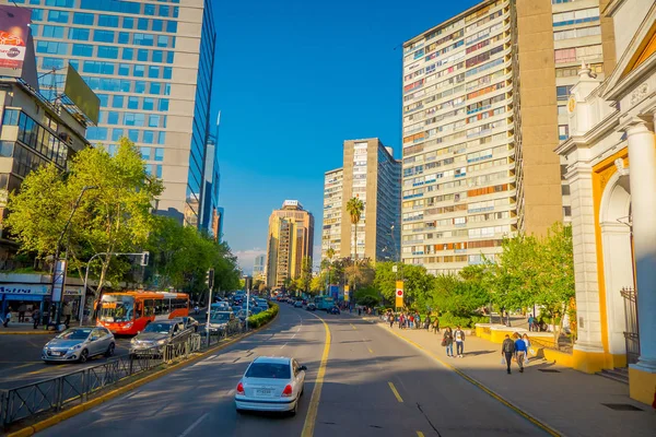SANTIAGO DE CHILE, CHILE - OCTOBER 16, 2018: Traffic on Avenida Libertador Bernardo OHiggins avenue in Santiago, Chile