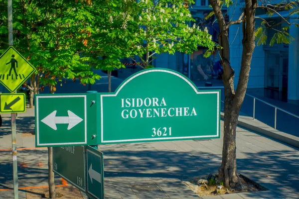 SANTIAGO, CHILE - OCTOBER 16, 2018: Outdoor view of informative sign of ISIDORA GOYENECHEA, located in financial center buildings oof Santiago de Chile n Las Condes — Stock Photo, Image