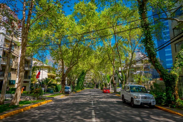 SANTIAGO, CHILE - 13 DE SEPTIEMBRE DE 2018: Vista al aire libre de los coches estacionados a un lado de la calle bajo una calle ecológica rodeada de plantas durante un hermoso día soleado en Santiago —  Fotos de Stock