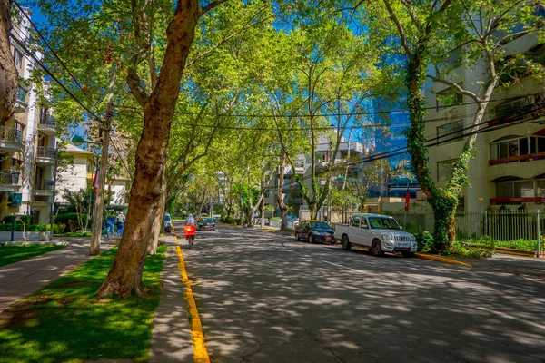 SANTIAGO, CHILE - 13 DE SEPTIEMBRE DE 2018: Vista al aire libre de los coches estacionados a un lado de la calle bajo una calle ecológica rodeada de plantas durante un hermoso día soleado en Santiago —  Fotos de Stock