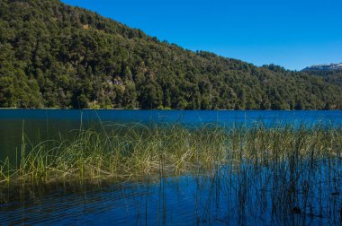 Neuquen Eyaleti Villa la Angostura yakınlarındaki Lago Espejo Grande, Arjantin. Lago Espejo Grande'de güzel gün batımı