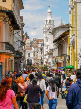 Quito, Ekvador, 29 Eylül 2019: Quito, Ekvador 'un tarihi merkezi. Unesco tarafından ilan edildi.