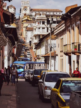 Quito, Ekvador, 29 Eylül 2019: Quito, Ekvador 'un tarihi merkezi. Unesco tarafından ilan edildi.