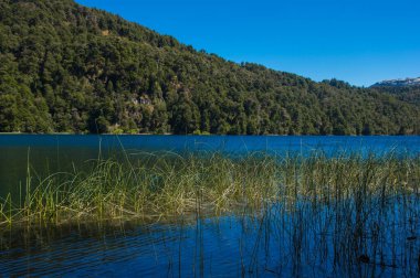 Neuquen Eyaleti Villa la Angostura yakınlarındaki Lago Espejo Grande, Arjantin. Lago Espejo Grande'de güzel gün batımı