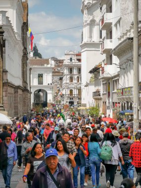 Quito, Ekvador, 29 Eylül 2019: Quito, Ekvador 'un tarihi merkezi. Unesco tarafından ilan edildi.
