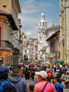 Quito, Ekvador, 29 Eylül 2019: Quito, Ekvador 'un tarihi merkezi. İspanyol sömürge mimarisi. Unesco tarafından ilan edildi.