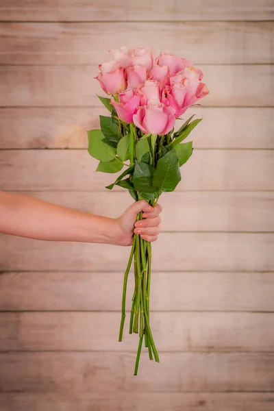 Donne mano in possesso di un mazzo di varietà di rose giardino segreto, tiro in studio, fiori rosa — Foto Stock
