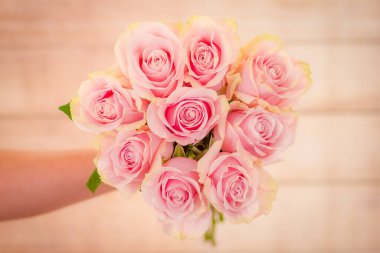 Bir buket Pembe Mondiyal gül tutan kadınlar, stüdyo çekimi, pembe çiçekler.