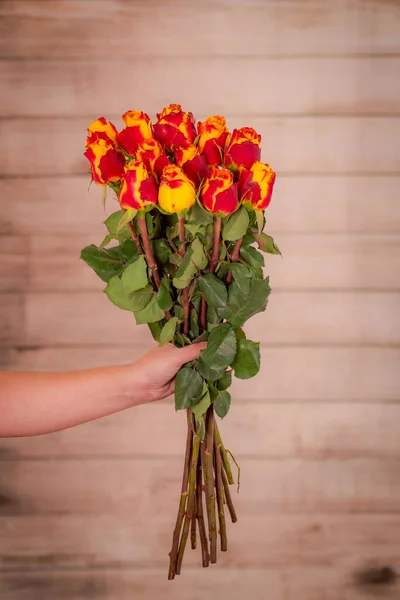 Donne mano in possesso di un mazzo di varietà di rose Silantoi, girato in studio . — Foto Stock