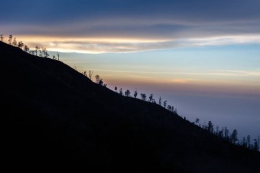 Çevresi Ijen'de yanardağ sabahın erken saatlerinde. Ağaç siluetleri bir dağ yamacında. Banyuwangi Regency Doğu Java, Endonezya.