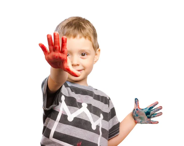 Bambino Con Mani Dipinte Vernici Colorate Pronto Stampe Mano Sfondo — Foto Stock