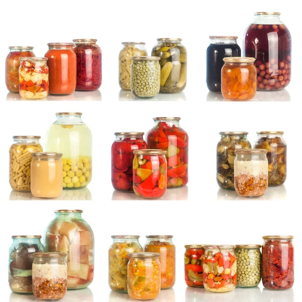 Collection Set Canned Vegetables Glass Jars Isolated White Background — Stock Photo, Image