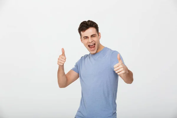 Portrait Excited Young Man Showing Thumbs Gesture Isolated White Background — Stock Photo, Image
