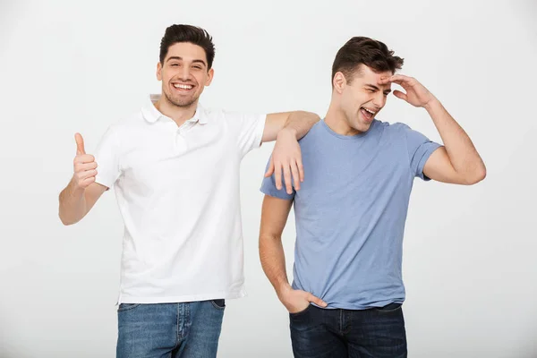 Two Handsome Men Pals 30S Wearing Casual Shirt Jeans Smiling — Stock Photo, Image