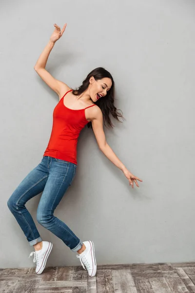 Full Length Image Happy Brunette Woman Casual Clothes Dancing Grey — Stock Photo, Image