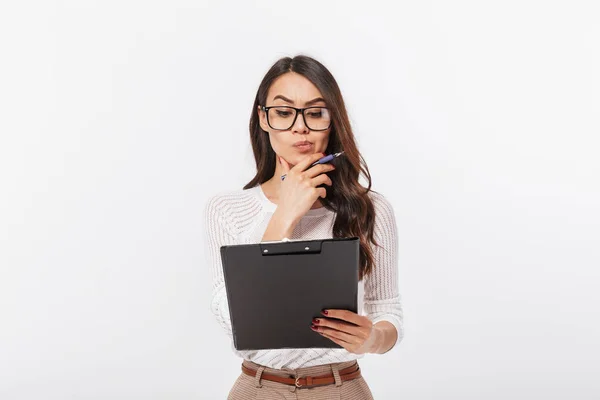 Portrait Thoughtful Asian Businesswoman Looking Clipboard Isolated White Background — Stock Photo, Image