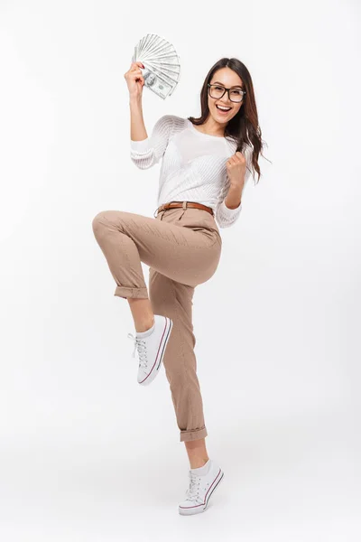 Retrato Comprimento Total Uma Mulher Negócios Asiática Feliz Segurando Notas — Fotografia de Stock