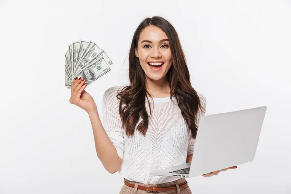 Portrait Satisfied Asian Businesswoman Showing Money Banknotes While Holding Laptop — Stock Photo, Image