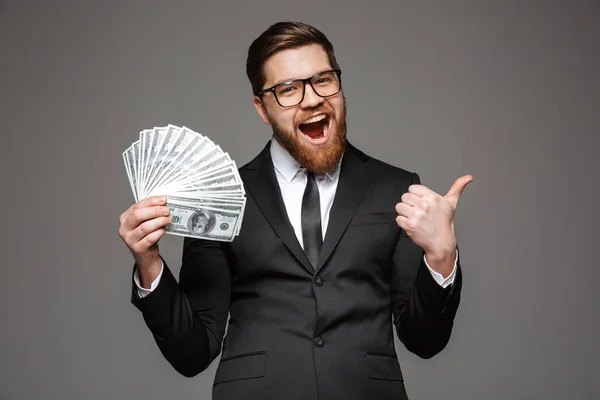 Portrait Excited Young Businessman Dressed Suit Showing Money Banknotes Giving — Stock Photo, Image