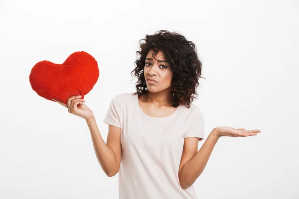 Picture Displeased American Woman 20S Brown Hair Holding Red Heart — Stock Photo, Image