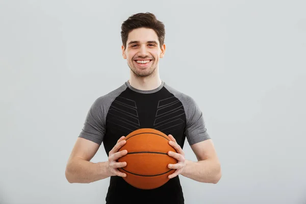 Portrait Smiling Young Sportsman Basketball Isolated Gray Background — Stock Photo, Image