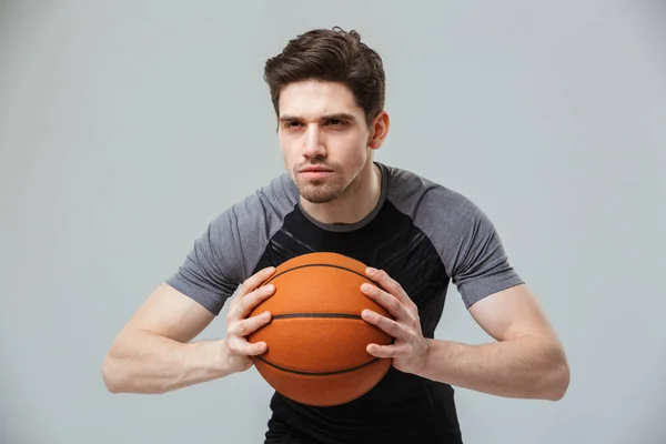 Portrait Focused Young Sportsman Playing Basketball Isolated Gray Background — Stock Photo, Image