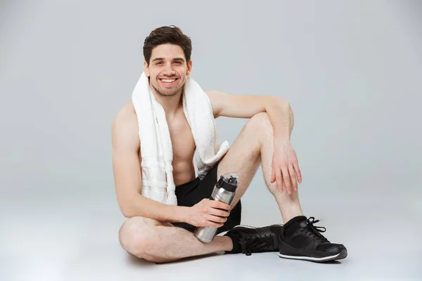 Portrait Smiling Young Half Naked Sportsman Resting While Sitting Towel — Stock Photo, Image