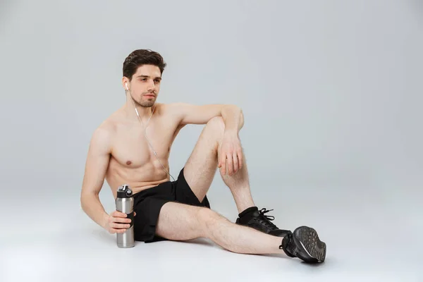 Portrait Handsome Young Half Naked Sportsman Resting While Sitting Earphones — Stock Photo, Image