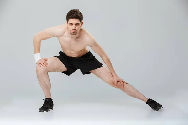Full Length Portrait Focused Young Half Naked Sportsman Doing Stretching — Stock Photo, Image