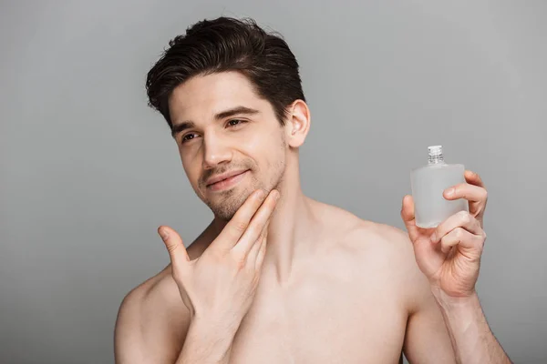 Beauty Portrait Half Naked Handsome Young Man Using Aftershave Lotion — Stock Photo, Image