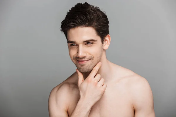 Beauty Portrait Half Naked Smiling Young Man Looking Away Isolated — Stock Photo, Image