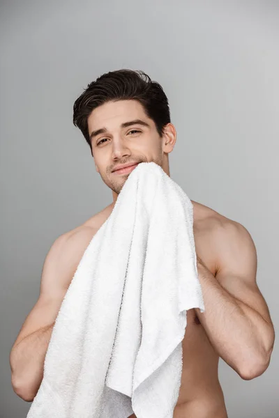 Beauty Portrait Half Naked Handsome Young Man Using Towel Isolated — Stock Photo, Image