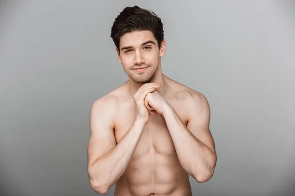 Beauty Portrait Fit Half Naked Smiling Young Man Looking Camera — Stock Photo, Image