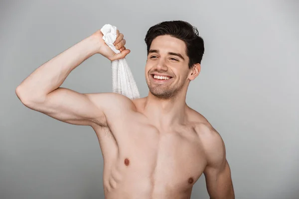 Beauty Portrait Half Naked Smiling Young Man Using Towel Isolated — Stock Photo, Image